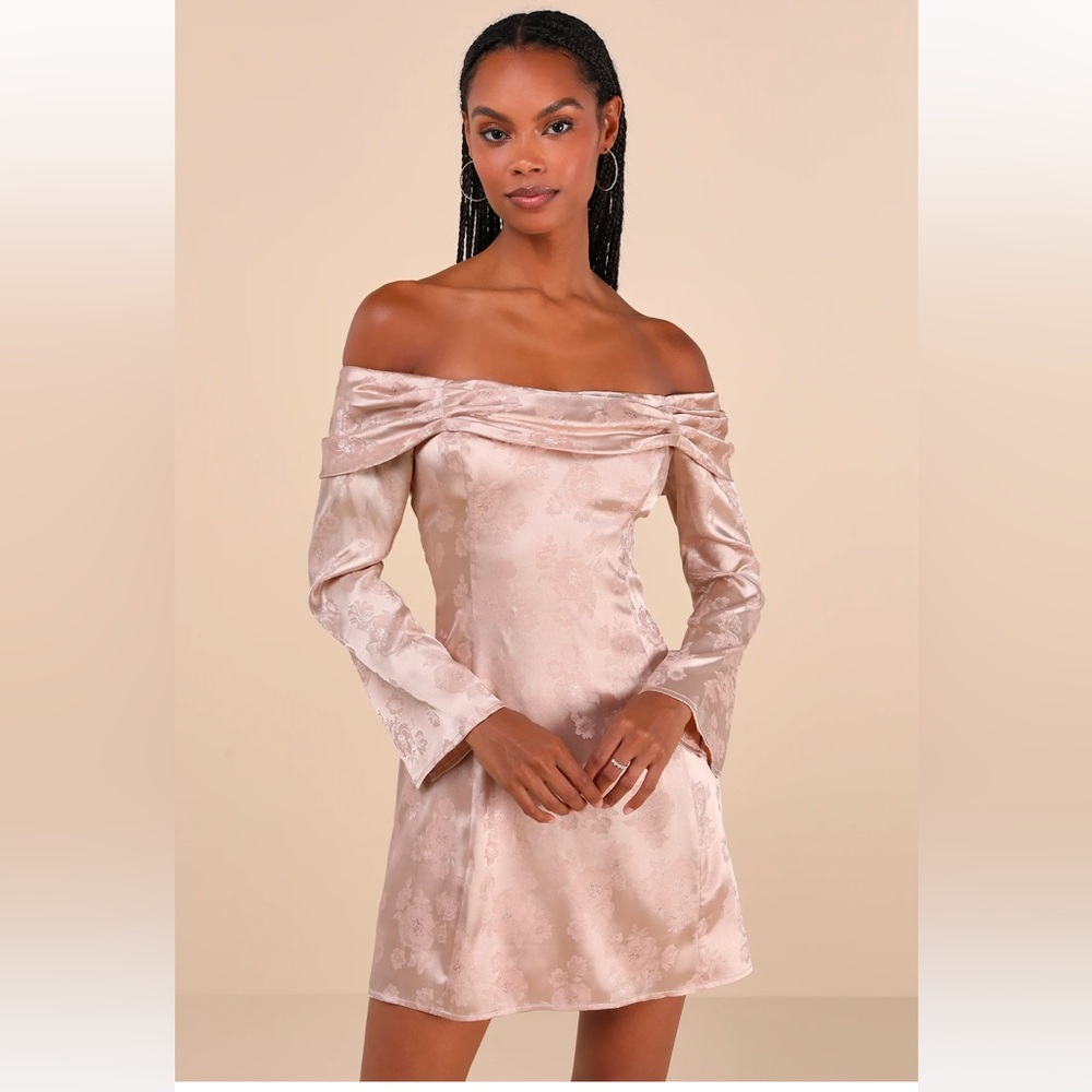 Truly Yours Blush Satin Jacquard Off-the-Shoulder Mini Dress